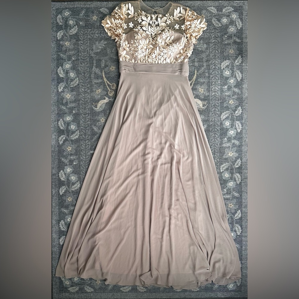 JS Collections floral, embroidered bodice blush and taupe Maxi gown